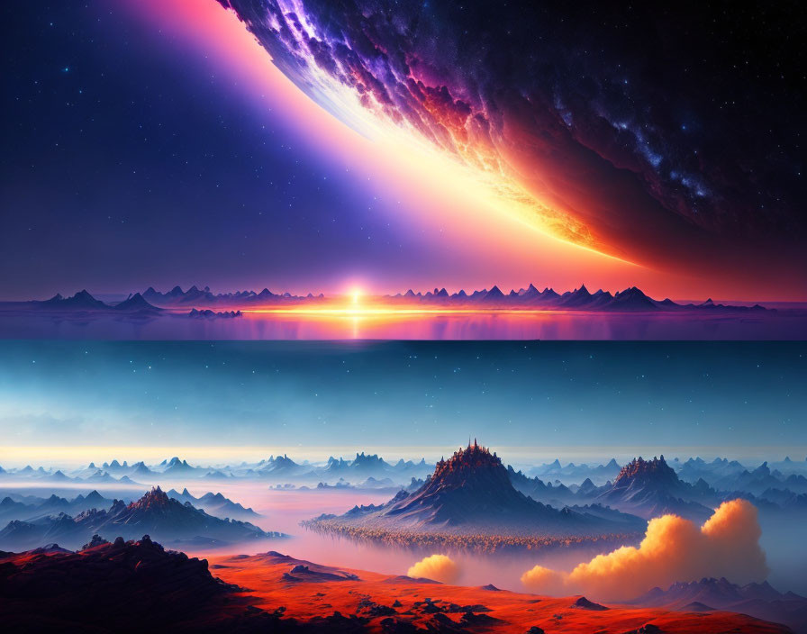 Sci-fi landscape with celestial body, mountains, and twilight reflection