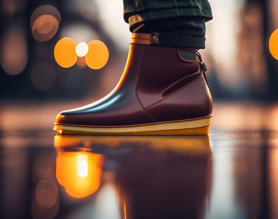 Brown boot with yellow sole on wet surface, reflected in water with blurred lights