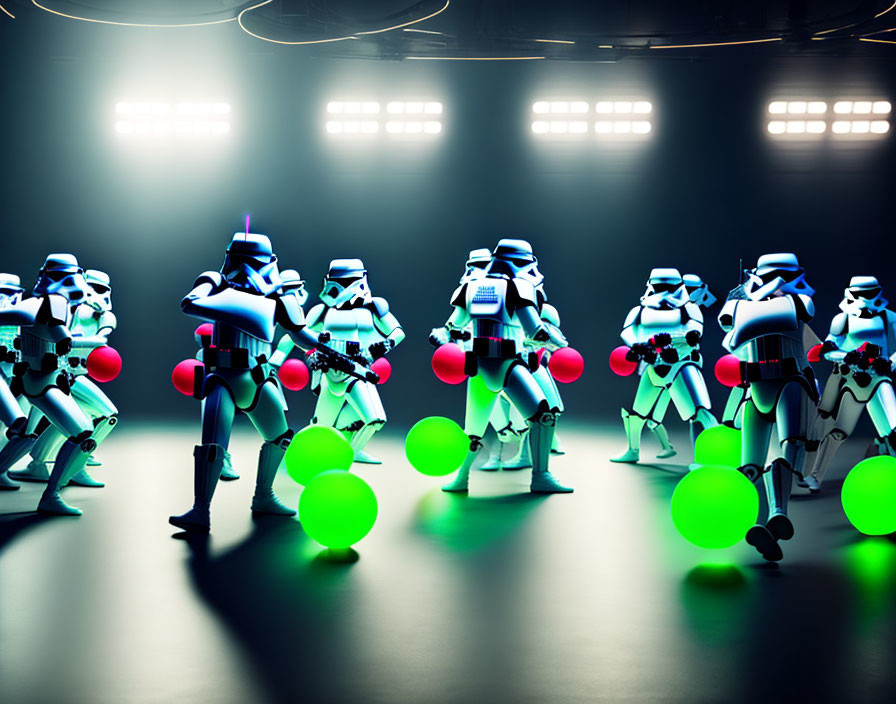 Stormtroopers with red and green balloons in dramatic lighting