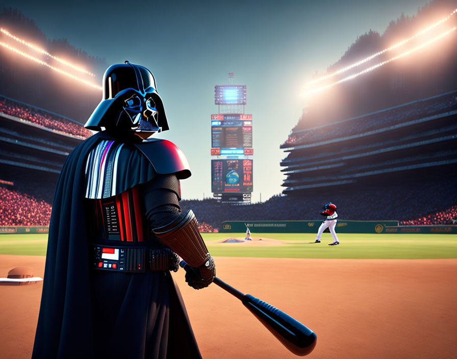 Sith Lord with baseball bat at stadium under dusky sky