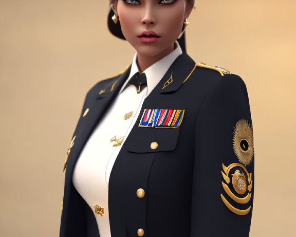 Detailed Military Uniform Woman with Medals and Golden Epaulettes