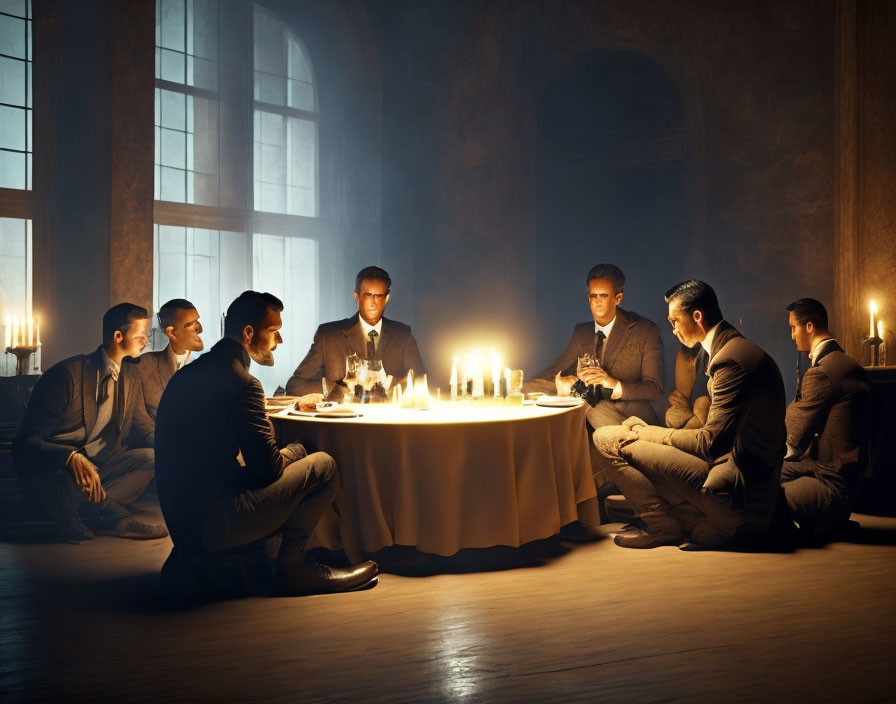 Men in formal attire discussing in candlelit room