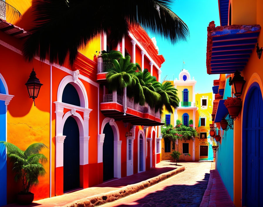 Colorful Colonial Buildings and Archways on Vibrant Street Under Clear Blue Sky