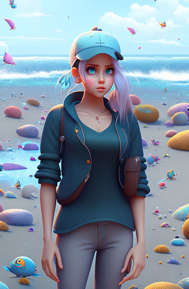 Stylized digital artwork of girl with blue hair on beach with fish and butterflies