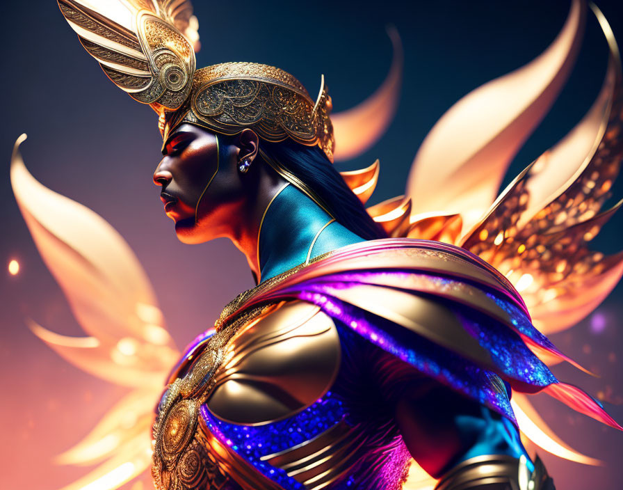 Digital artwork featuring character with golden headgear and vibrant armored wings