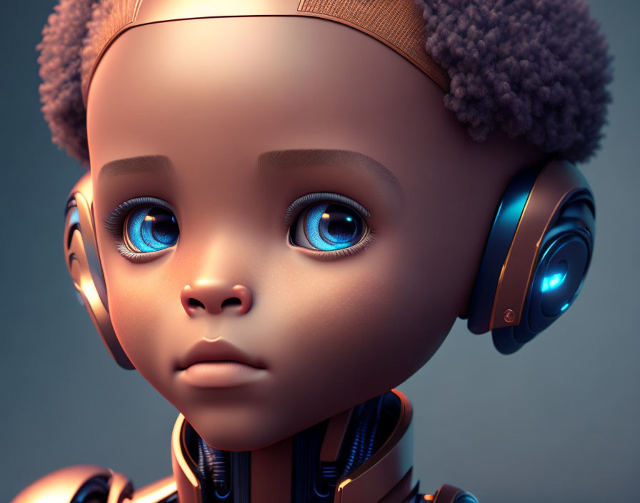 Child-like robot with blue eyes and headphones showcasing advanced AI