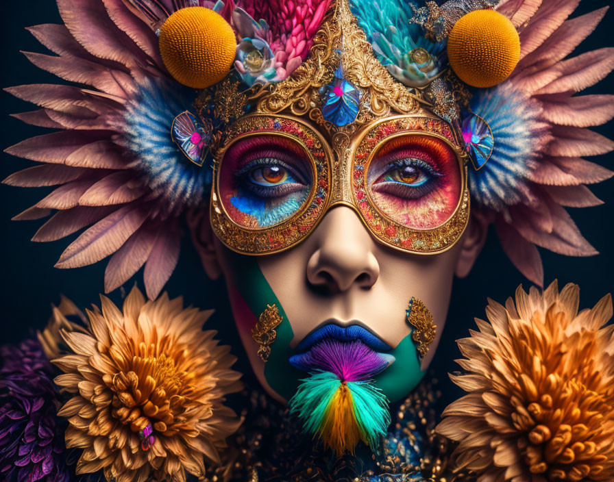 Person wearing ornate mask with feathers and jewels among colorful flowers