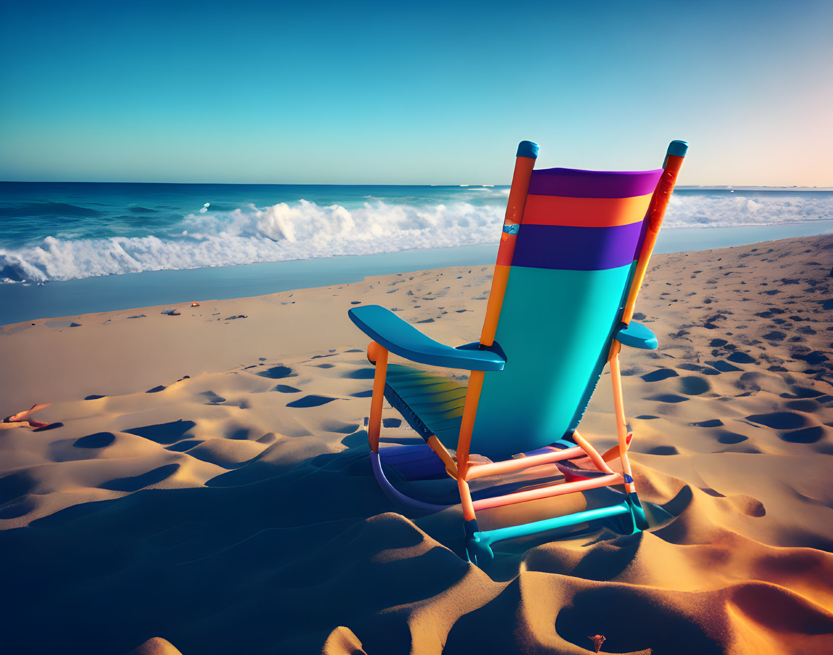 Vibrant beach chair on sandy shore with crashing waves and blue sky