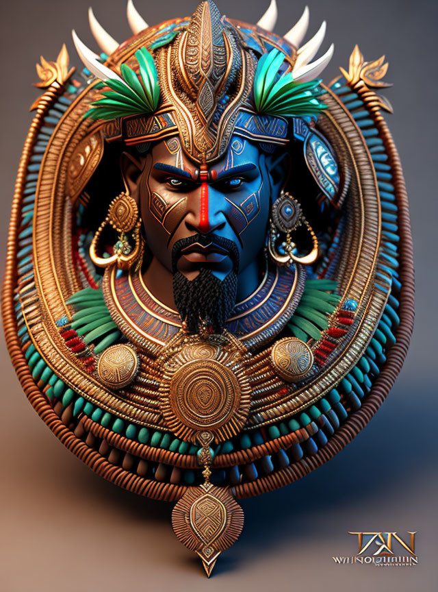 Detailed digital artwork featuring character with blue facial tattoos and ornate golden headdress and jewelry in green and