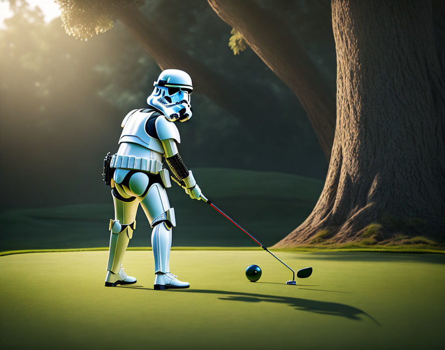 Stormtrooper Golfing on Green Course with Trees in Bright Light