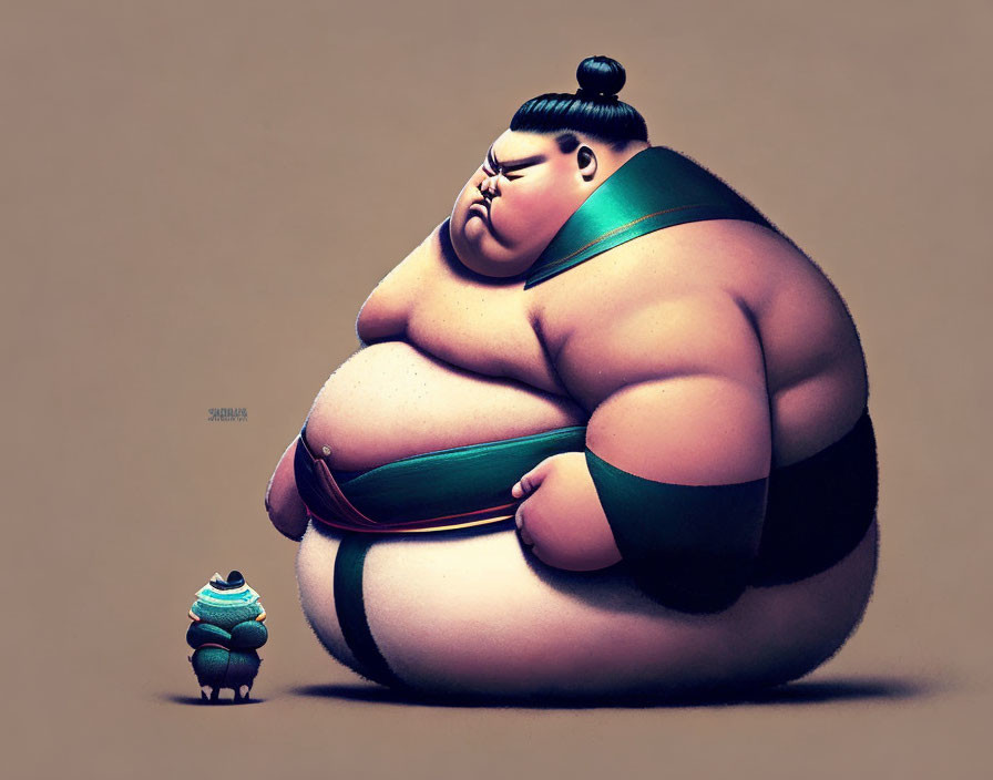 Stylized sumo wrestler and smaller character illustration