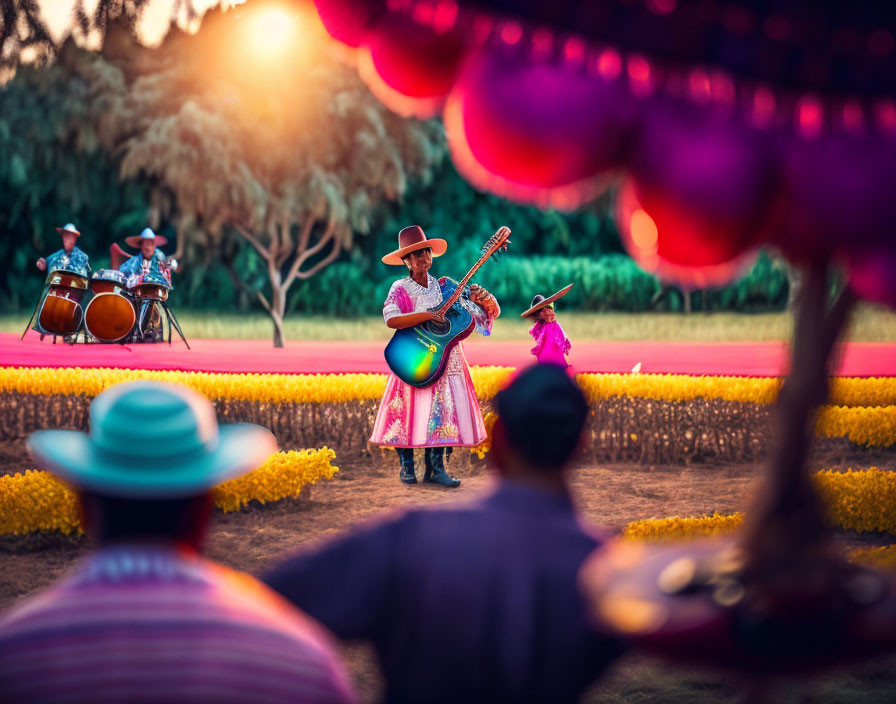 Vibrant outdoor scene with woman playing guitar, child dancing, and musicians with drums among colorful flowers