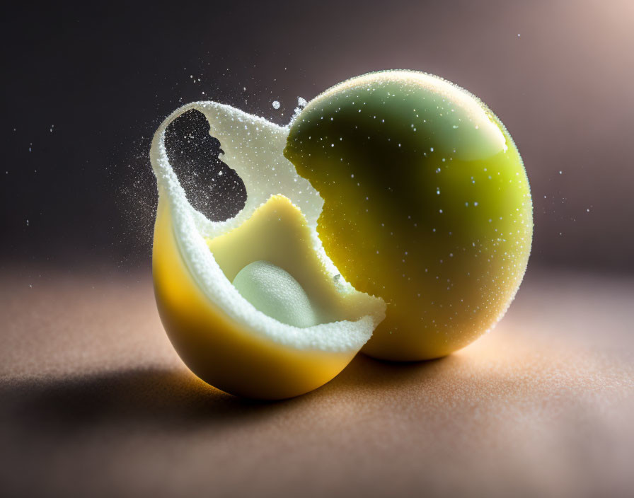 Green apple with missing bite on gradient background and particles.