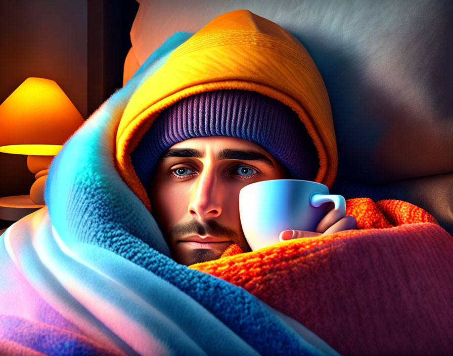 Person in Colorful Blankets Holding Cup with Pensive Expression