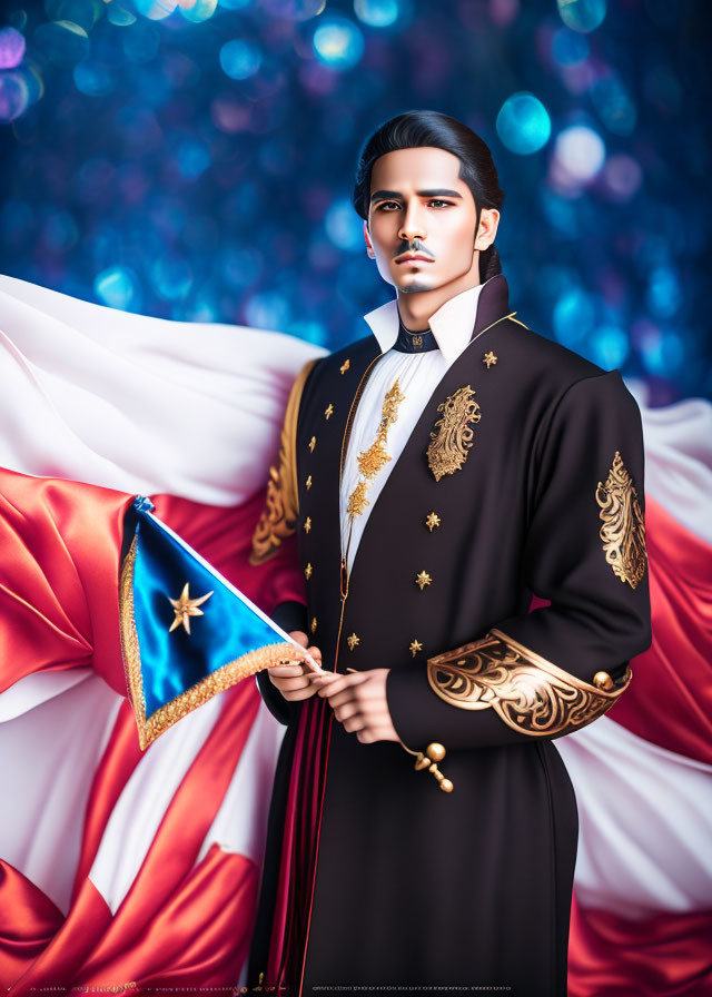 Regal man holding flag in dark, gold-embroidered uniform.