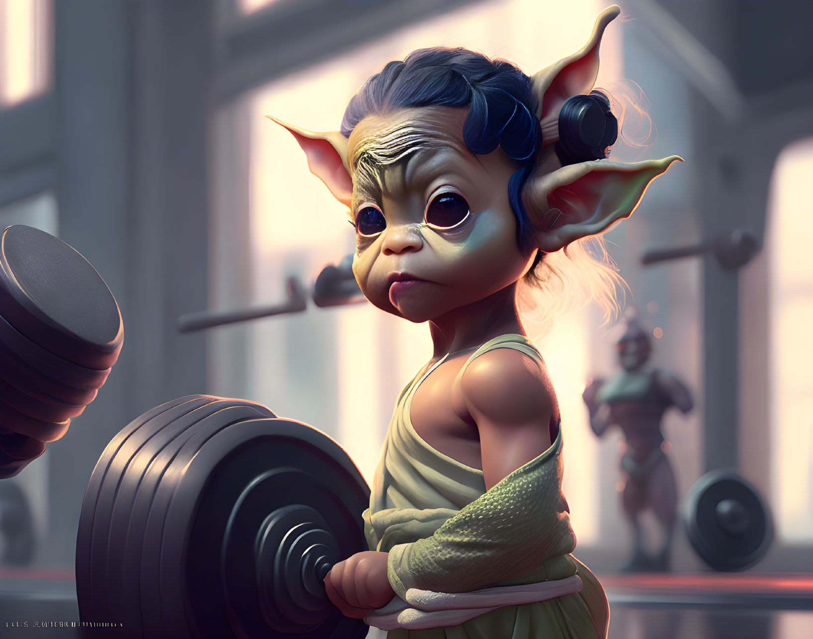 Digital artwork: Baby Yoda lifting dumbbell in gym with focused expression