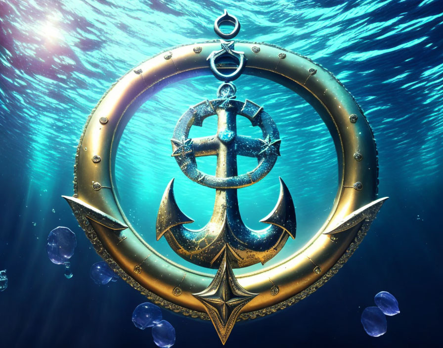 Golden anchor in deep blue ocean with bubbles