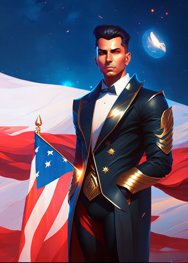 Futuristic military man holding flag in celestial setting