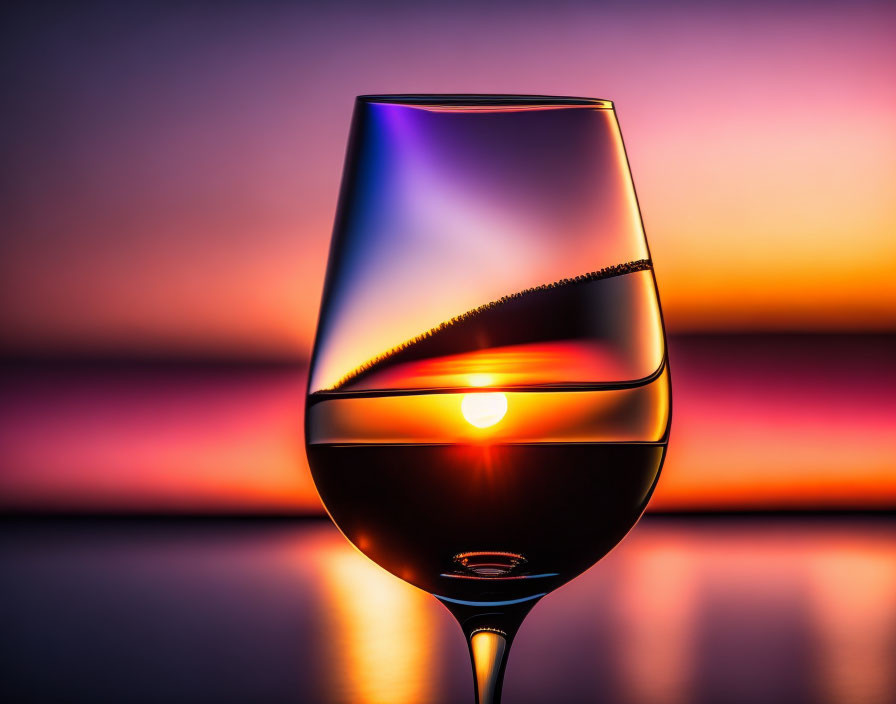 Vivid sunset hues reflected in wine glass silhouette