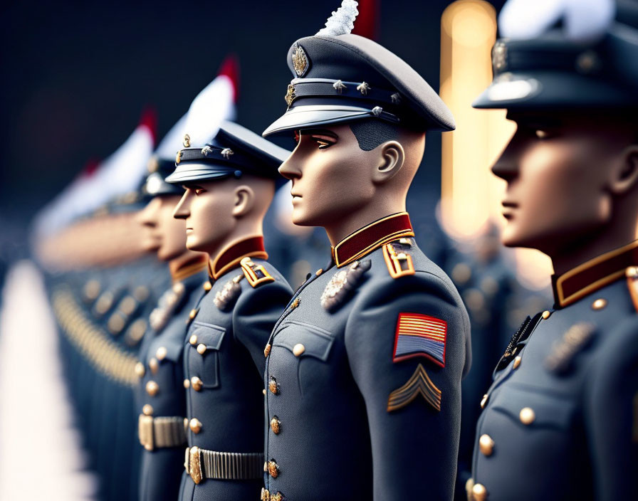 Ceremonial uniformed officers in disciplined formation with shallow depth of field.