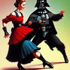 Couple in Flamenco and Darth Vader Costumes Dancing on Gradient Background