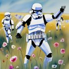 Stormtroopers in colorful flower field with waving figure and butterflies under partly cloudy sky