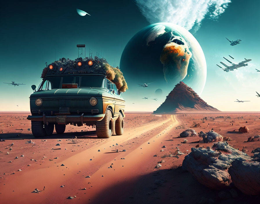 Vintage vehicle with futuristic gadgets explores desert planet with moon, volcano, and flying ships