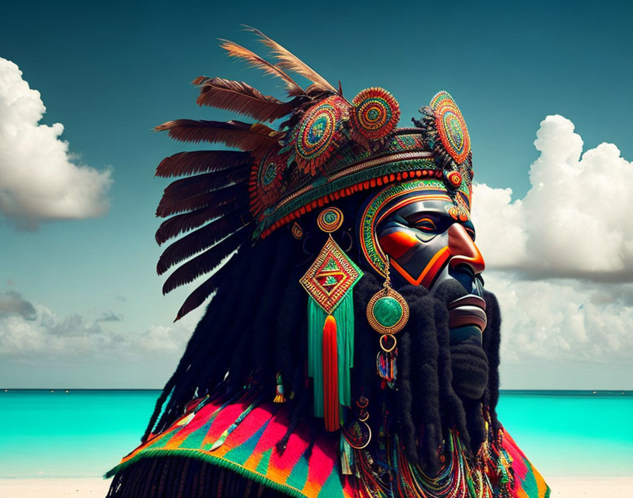 Colorful Indigenous Attire Portrait Against Ocean and Sky