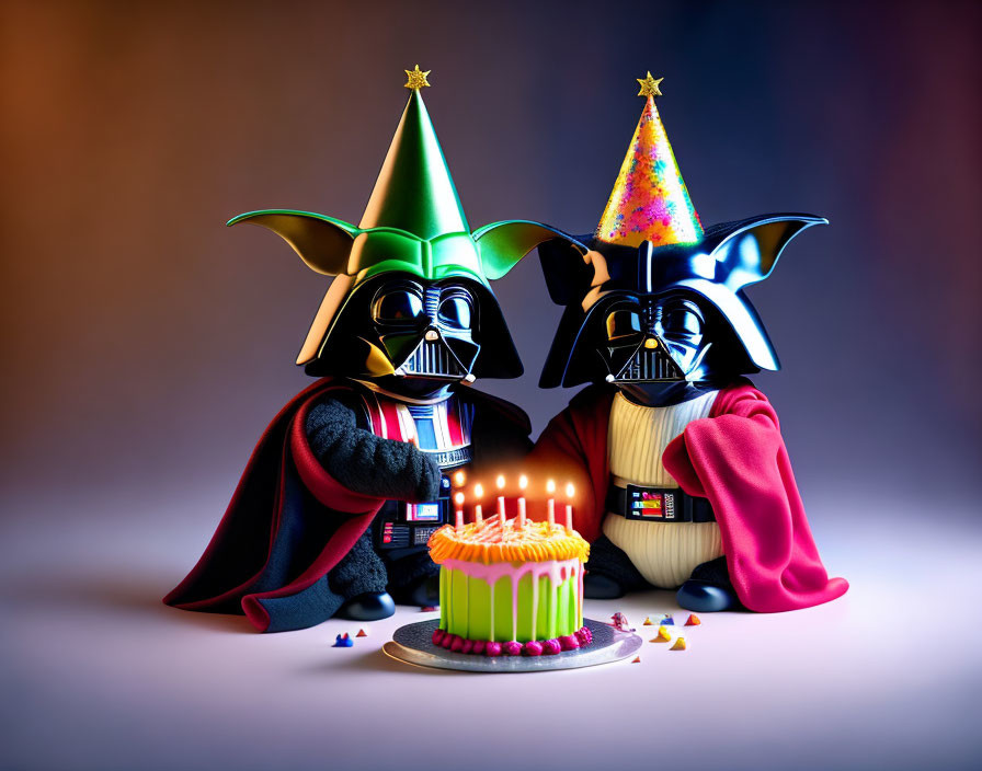 Two Darth Vader Figures in Party Hats Celebrating with Birthday Cake