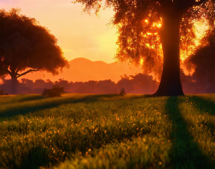 Tranquil field at sunrise with dew-covered grass and silhouetted trees