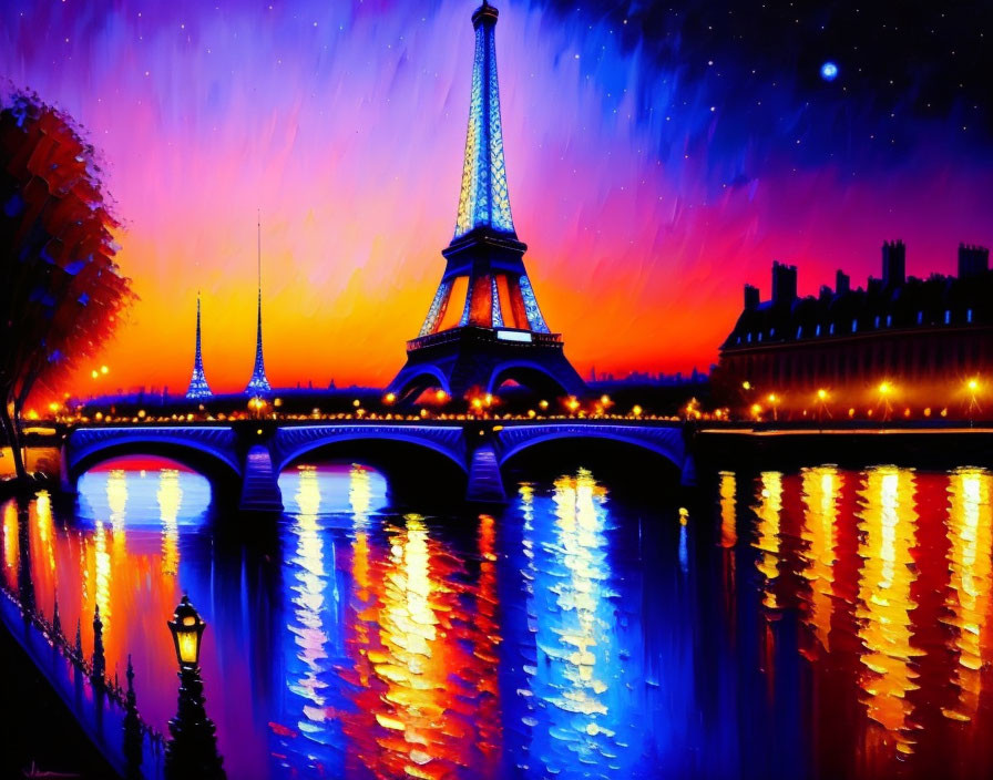 Vibrant painting of Eiffel Tower at dusk with colorful sky and city lights.