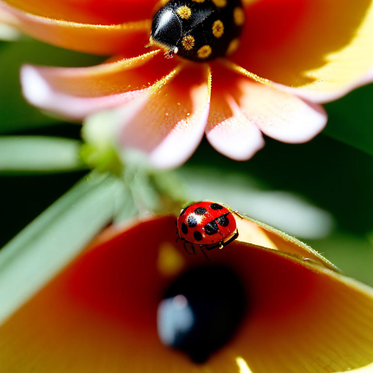 Ladybug crawling on green leaf near vibrant flower petals with bokeh effect