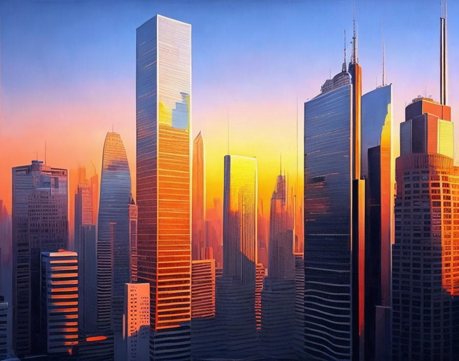 Modern city skyline at sunset with reflective skyscrapers in orange sky