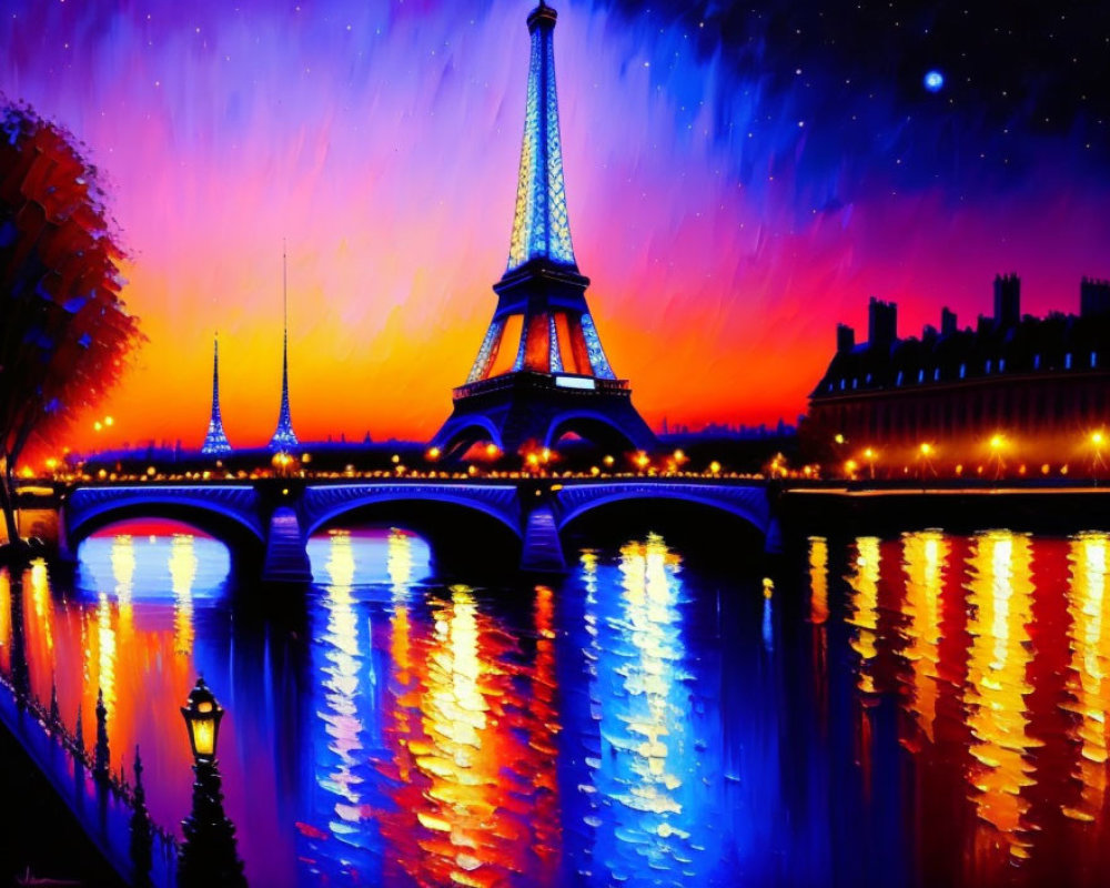 Vibrant painting of Eiffel Tower at dusk with colorful sky and city lights.