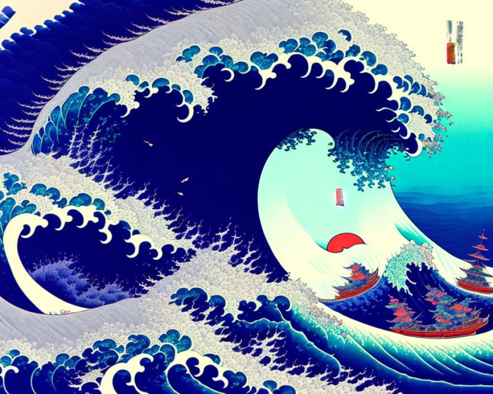 Detailed depiction of The Great Wave off Kanagawa with large blue ocean waves, white foam, red