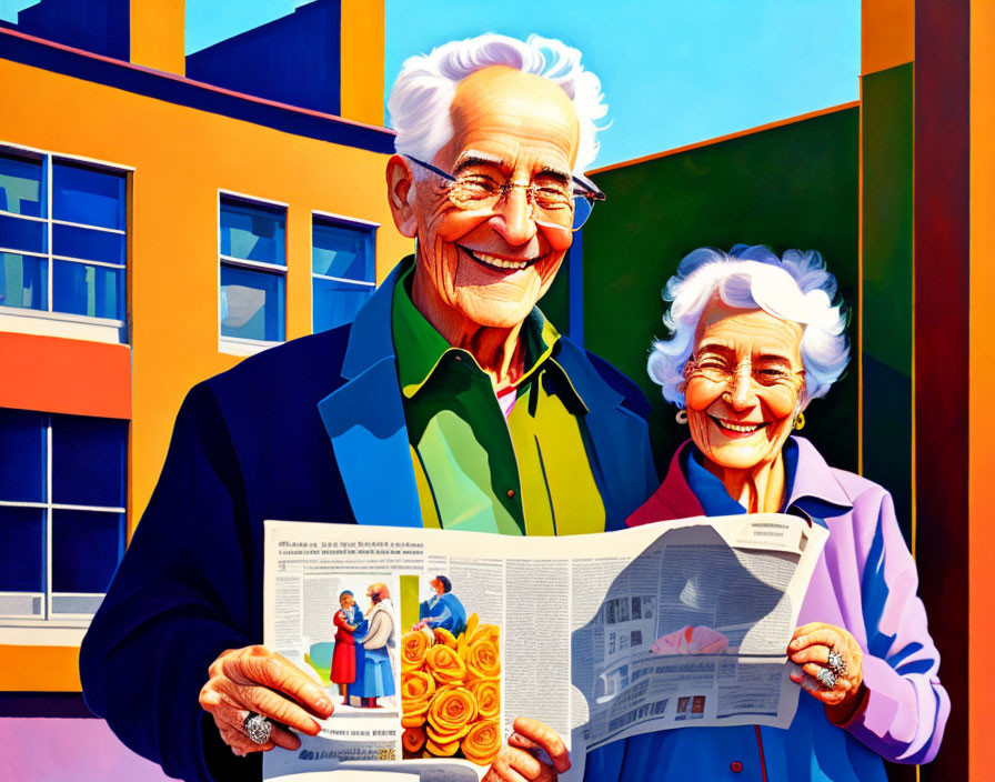 Elderly Couple Smiling with Newspaper on Geometric Background