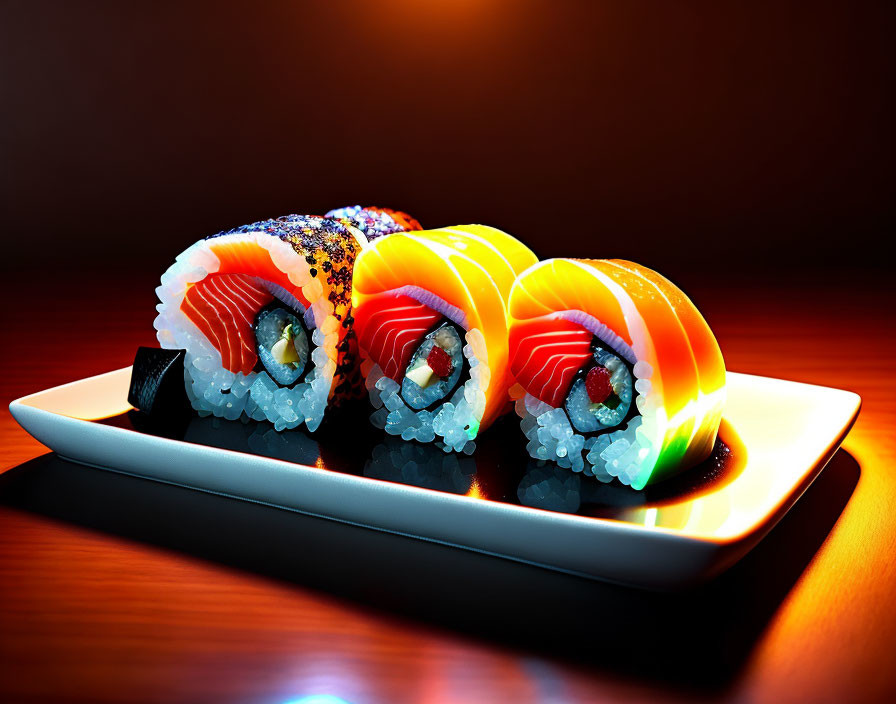 Salmon and avocado sushi rolls on white plate with warm lighting