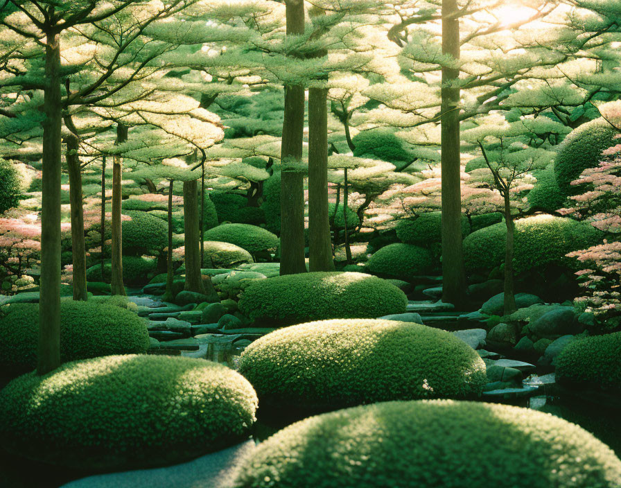 Tranquil Japanese Garden with Moss-Covered Rocks and Babbling Stream