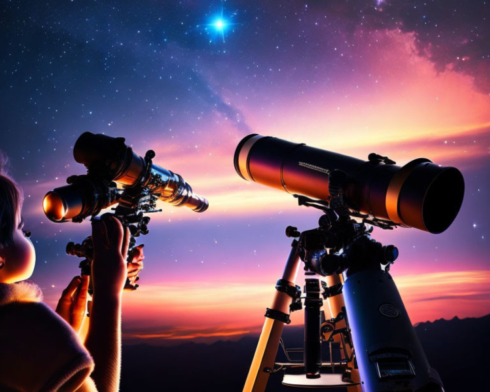 Person observing starlit sky through telescope with vibrant sunset hues