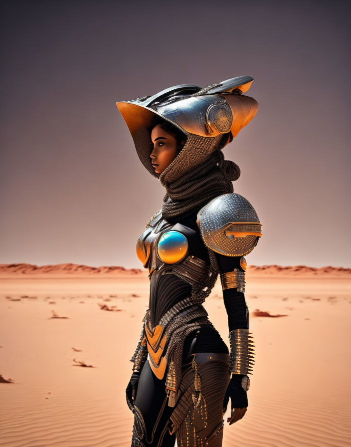 Futuristic armored person in desert with orange sky