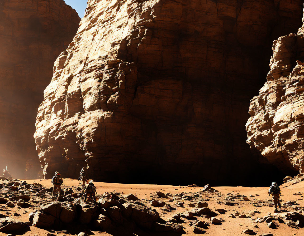 Explorers in outdoor gear navigate vast desert canyon with cave entrance