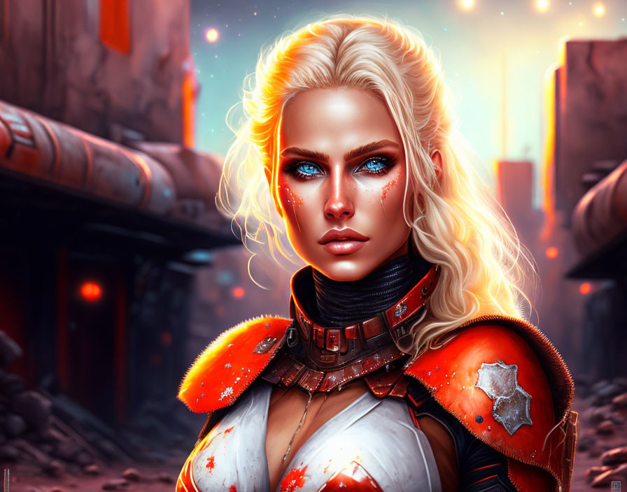 Digital Art Portrait of Woman with Blue Eyes in Futuristic Armor Suit