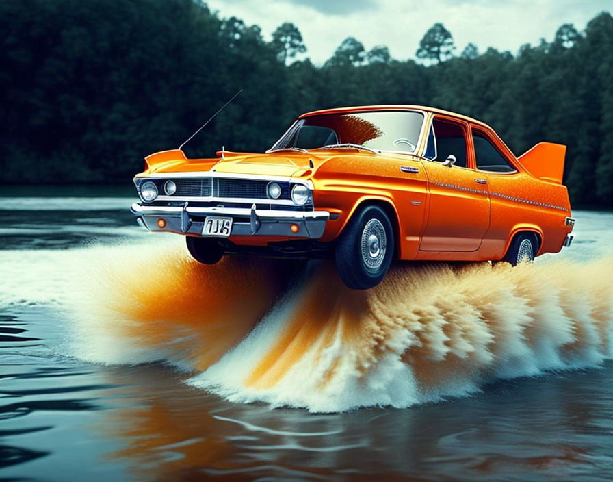 Vintage orange car with tailfins splashing water while speeding