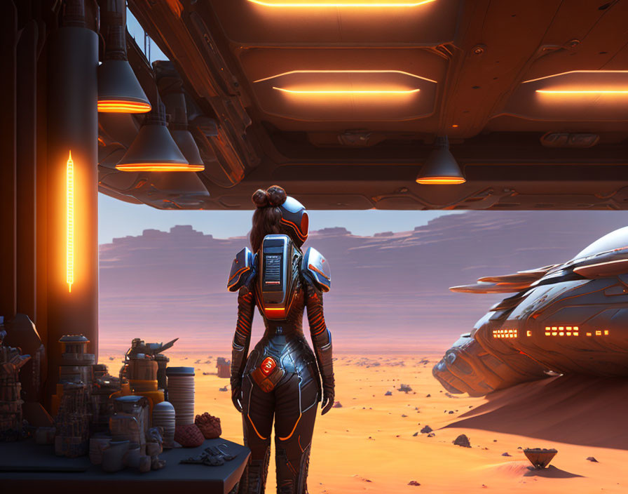 Futuristic space suit observer in spacecraft hangar with desert landscape.