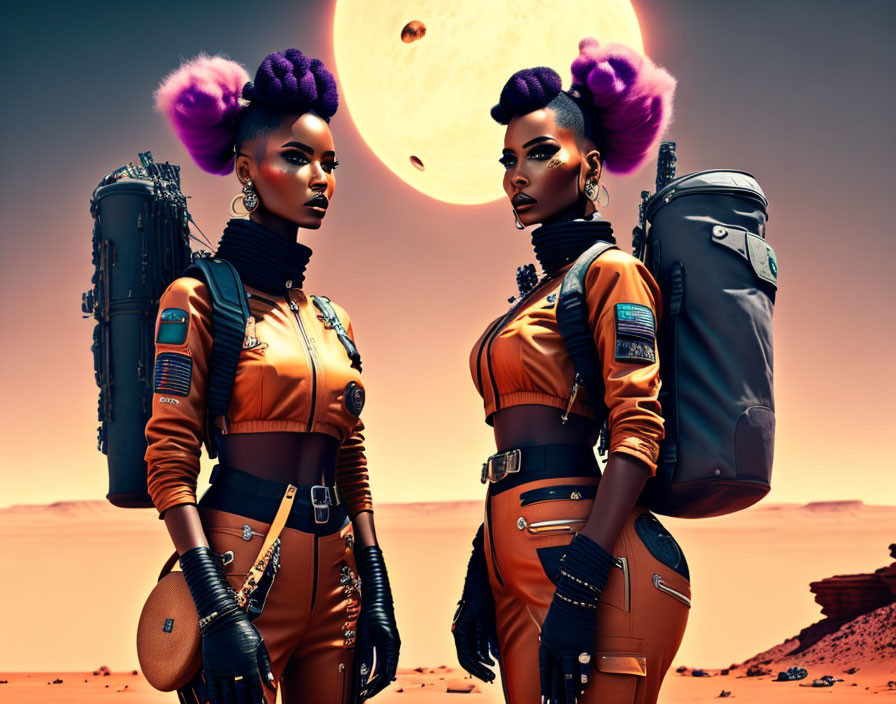 Two women in orange space suits on alien planet with moons