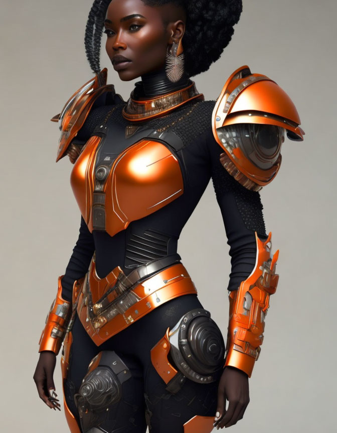 Futuristic warrior in black-and-orange armor with braided hair and statement earrings