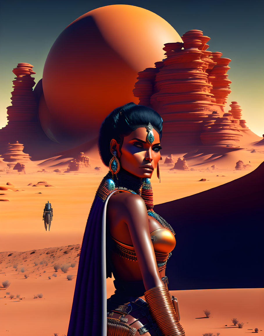 Woman with Elaborate Jewelry in Futuristic Desert Landscape