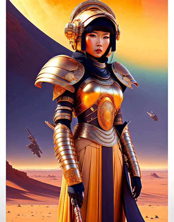 Futuristic warrior in golden armor on desert planet with sci-fi backdrop