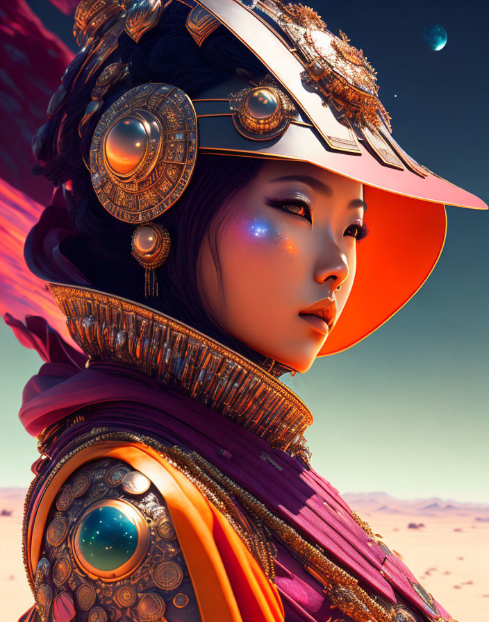 Futuristic woman with ornate headgear in desert landscape