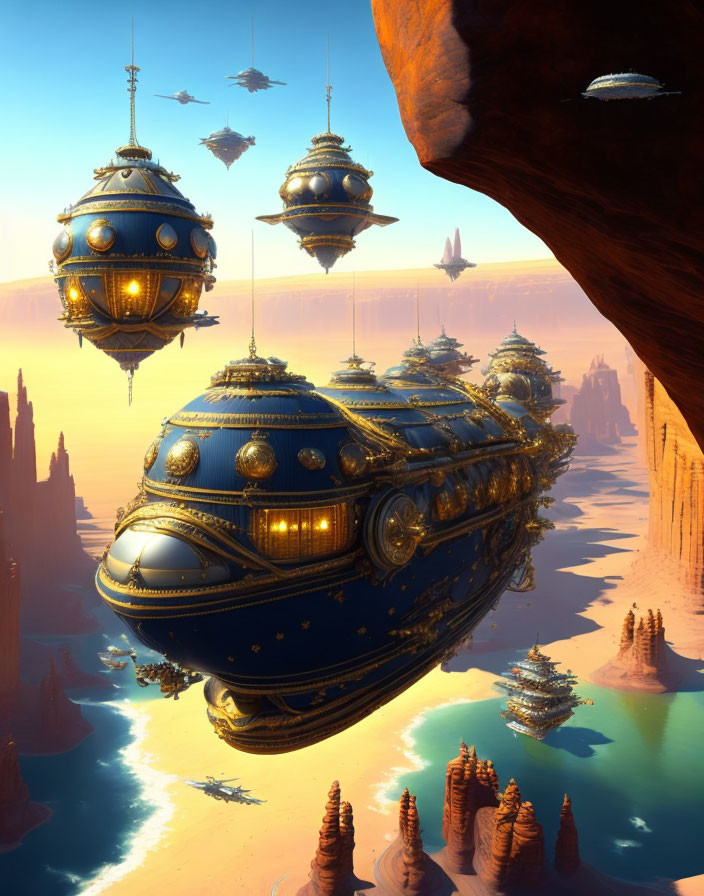 Golden airships glide near towering rock formations under a warm, glowing sky